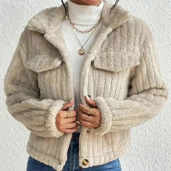 Apricot Casual Women's Flap Detail Fluffy Jacket - Picture 3 of 7